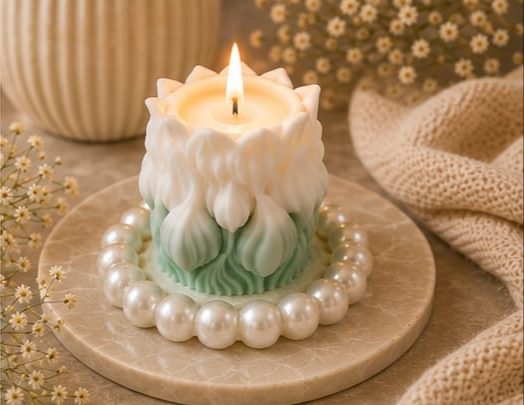 Ivory and mint tulip candle on a ring of pearls