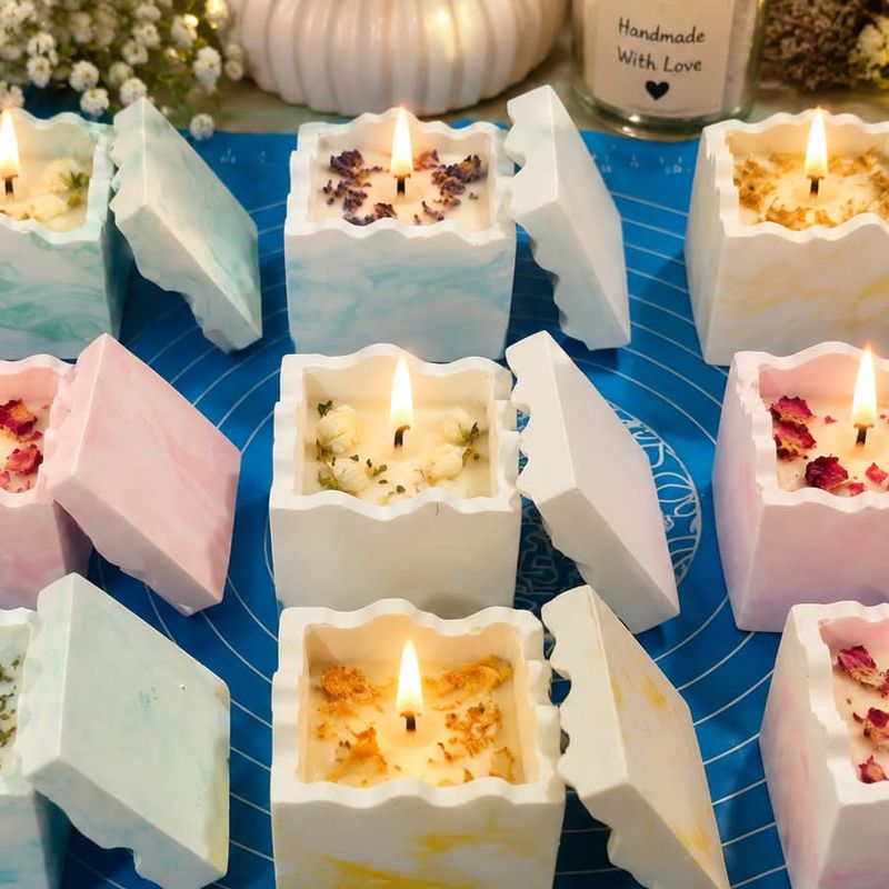 Nine marbled square candle jars with lids, topped with dried rose petals, lavender and chamomile