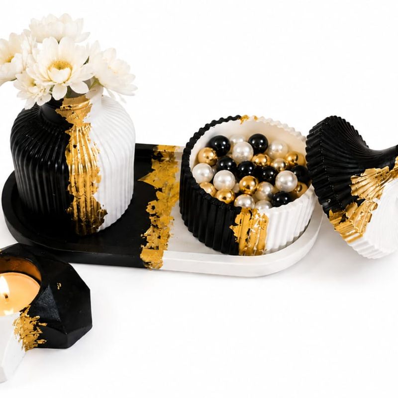 Black, white and gold vase with trinket bowl and tealight holder