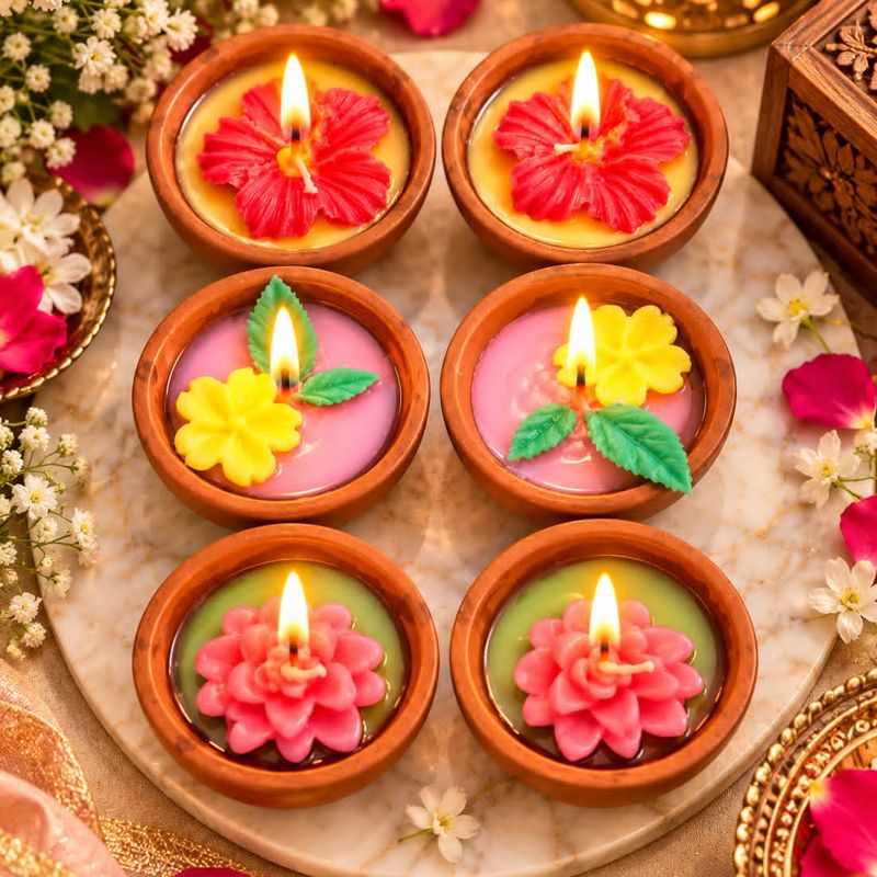 Six clay diyas filled with coloured wax and flower toppers