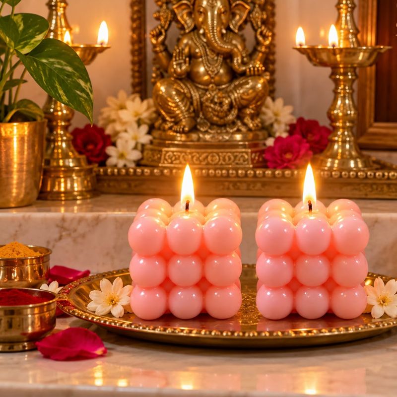 Gold frame with a painted pastel background and a bouquet of pink wax roses and succulents, styled beside a candle
