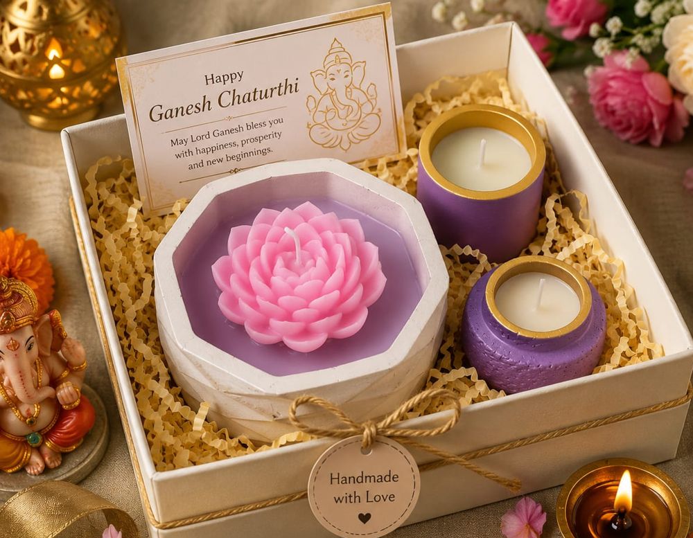 Ganesh Chaturthi gift box with a pink lotus candle in a white octagon jar, two lilac gold-rimmed candles and a greeting card