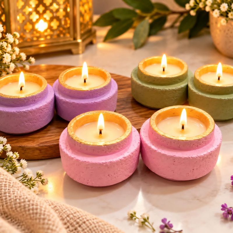 Six gold-rimmed textured candles in lilac, sage and pink