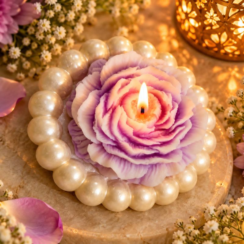 Lilac peony candle inside a ring of pearls