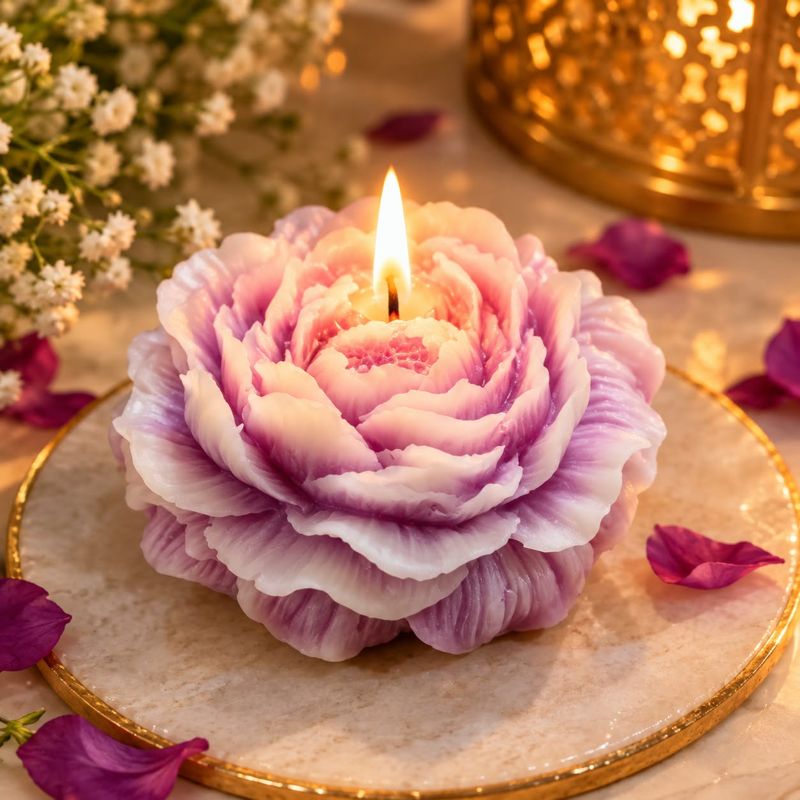 Lilac and white peony candle on a gold-rimmed marble coaster