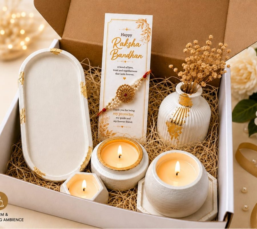 Raksha Bandhan gift box with tray, vase, candles and rakhi