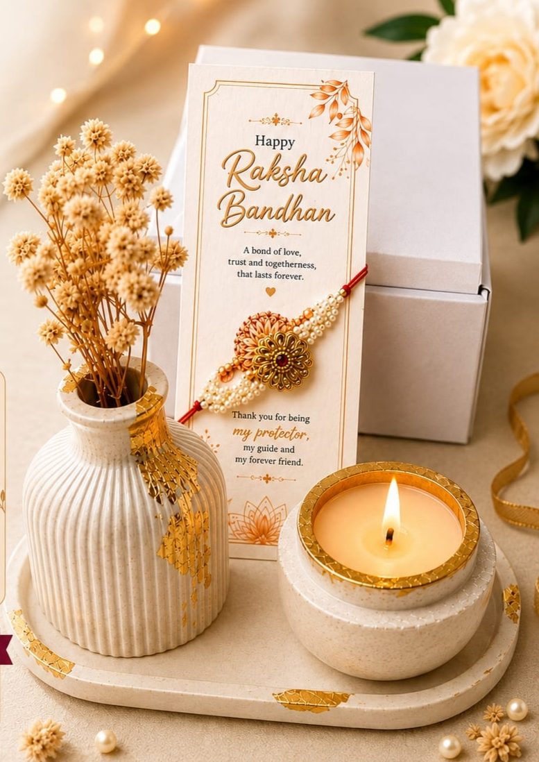 Raksha Bandhan set with rakhi card, ribbed vase with dried flowers and a gold-rimmed candle
