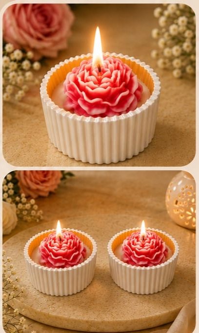 Red rose candles in white ribbed cups
