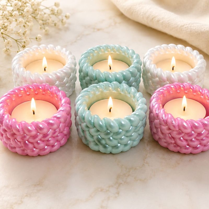 Six braided tealight holders in pink, mint and white