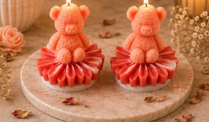 Two peach teddy bear candles sitting on red petal bases