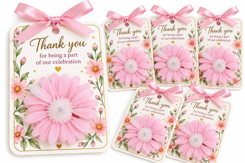 Thank-you cards with pink flower candles and pink ribbons